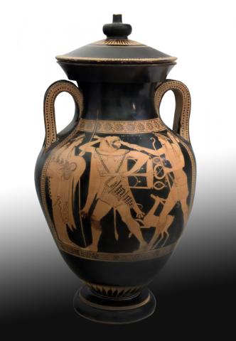 Anfora attica a figure rosse con scena di lotta per il tripode, 480-470 a.C. Restituzione Getty Museum.