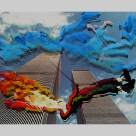 Paolo Buggiani, Unsuccessful attack to the WTC, 1979, Stampa Lambda su alluminio, plexiglax e pittura