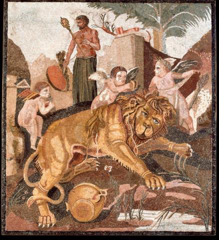 Mosaico con leone e amorini - Ant. Com. inv. 32361; tessere di marmo e paste vitree