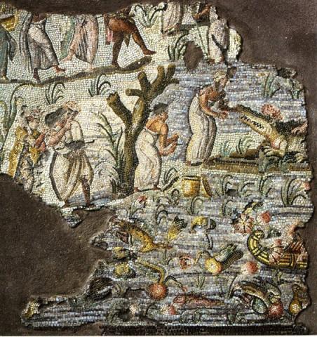Mosaico con scena nilotica - Ant. Com. inv. 4956; tessere di marmo e paste vitree